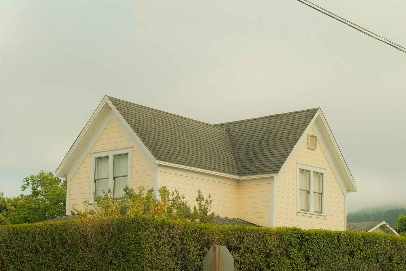 A pale yellow wood-sided house standing behind a trimmed hedge under an overcast sky